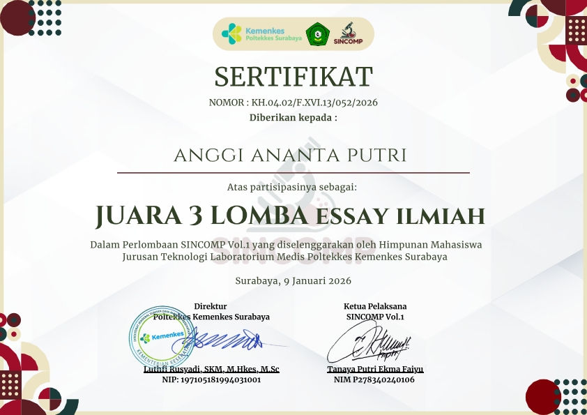 Juara 3 SINCOMP Vol.1 (Seminar Ilmiah Teknologi Laboratorium Medis and Competition)